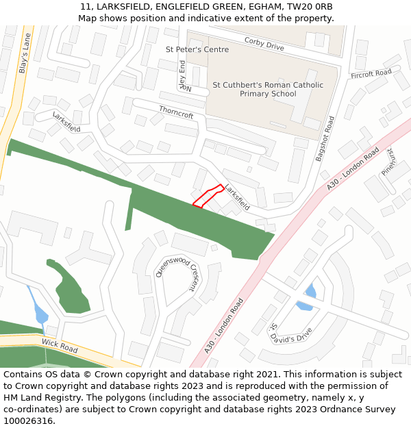 11, LARKSFIELD, ENGLEFIELD GREEN, EGHAM, TW20 0RB: Location map and indicative extent of plot