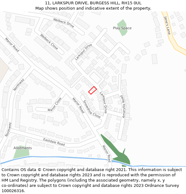 11, LARKSPUR DRIVE, BURGESS HILL, RH15 0UL: Location map and indicative extent of plot