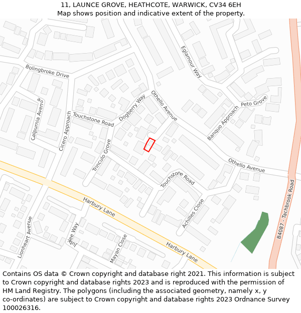 11, LAUNCE GROVE, HEATHCOTE, WARWICK, CV34 6EH: Location map and indicative extent of plot