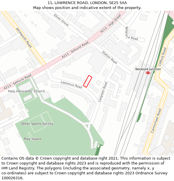 11, LAWRENCE ROAD, LONDON, SE25 5AA: Location map and indicative extent of plot