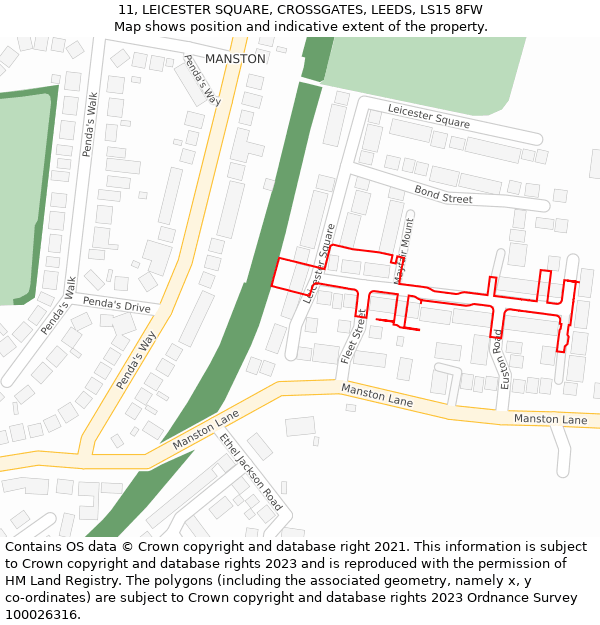 11, LEICESTER SQUARE, CROSSGATES, LEEDS, LS15 8FW: Location map and indicative extent of plot