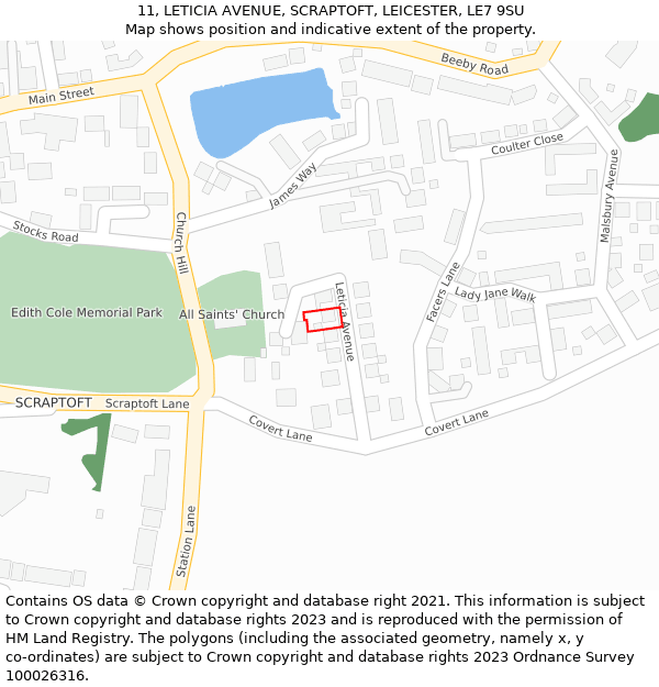 11, LETICIA AVENUE, SCRAPTOFT, LEICESTER, LE7 9SU: Location map and indicative extent of plot