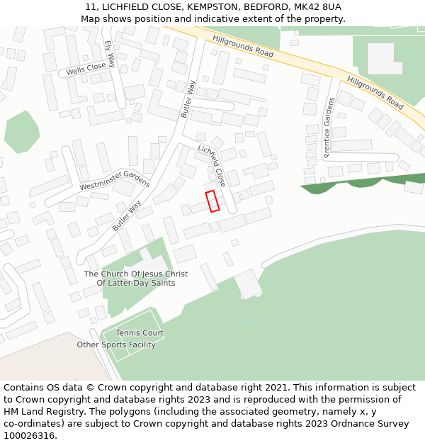 11, LICHFIELD CLOSE, KEMPSTON, BEDFORD, MK42 8UA: Location map and indicative extent of plot