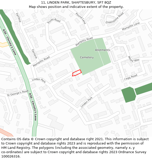 11, LINDEN PARK, SHAFTESBURY, SP7 8QZ: Location map and indicative extent of plot