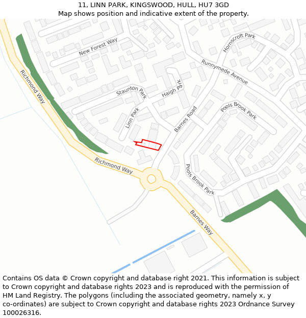 11, LINN PARK, KINGSWOOD, HULL, HU7 3GD: Location map and indicative extent of plot