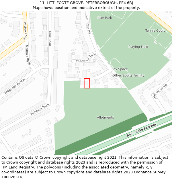 11, LITTLECOTE GROVE, PETERBOROUGH, PE4 6BJ: Location map and indicative extent of plot