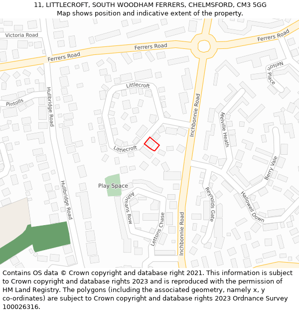 11, LITTLECROFT, SOUTH WOODHAM FERRERS, CHELMSFORD, CM3 5GG: Location map and indicative extent of plot