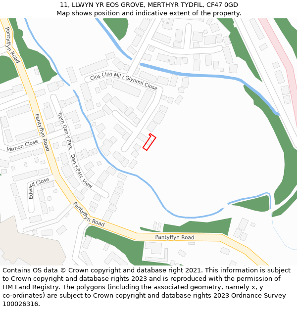 11, LLWYN YR EOS GROVE, MERTHYR TYDFIL, CF47 0GD: Location map and indicative extent of plot