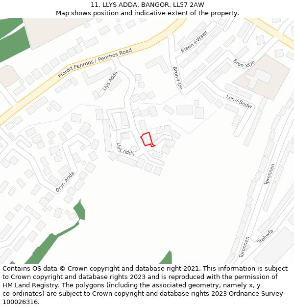 11, LLYS ADDA, BANGOR, LL57 2AW: Location map and indicative extent of plot