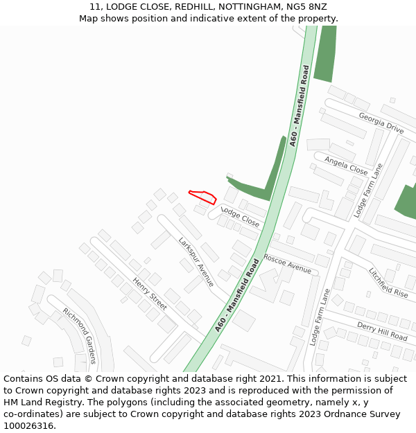 11, LODGE CLOSE, REDHILL, NOTTINGHAM, NG5 8NZ: Location map and indicative extent of plot