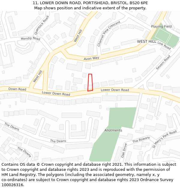 11, LOWER DOWN ROAD, PORTISHEAD, BRISTOL, BS20 6PE: Location map and indicative extent of plot