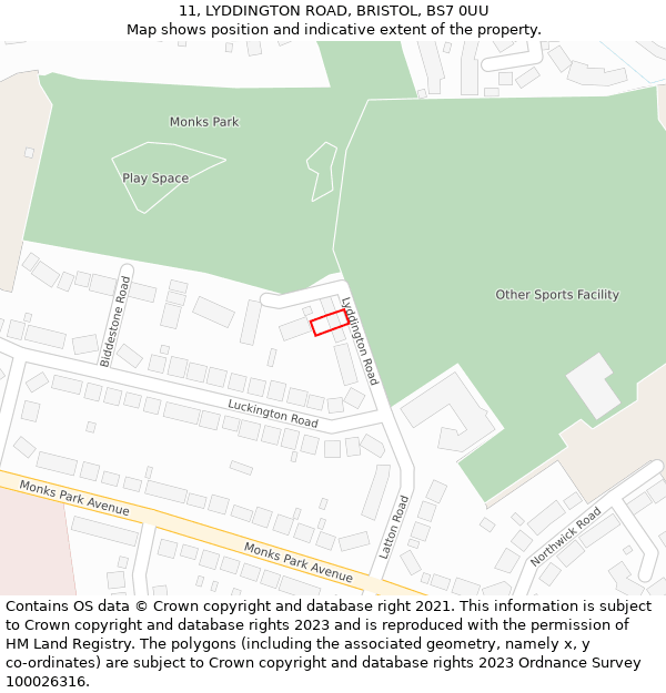 11, LYDDINGTON ROAD, BRISTOL, BS7 0UU: Location map and indicative extent of plot