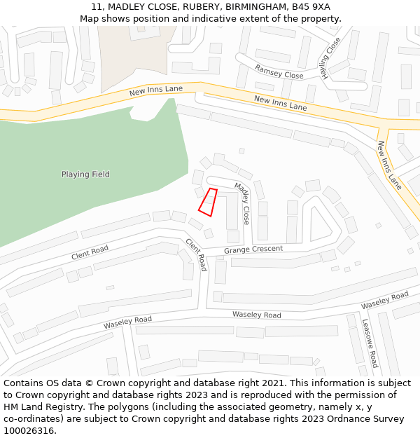 11, MADLEY CLOSE, RUBERY, BIRMINGHAM, B45 9XA: Location map and indicative extent of plot