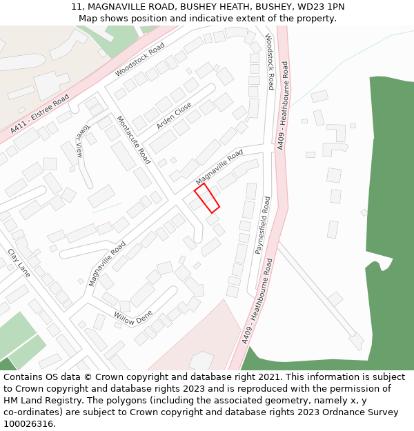 11, MAGNAVILLE ROAD, BUSHEY HEATH, BUSHEY, WD23 1PN: Location map and indicative extent of plot