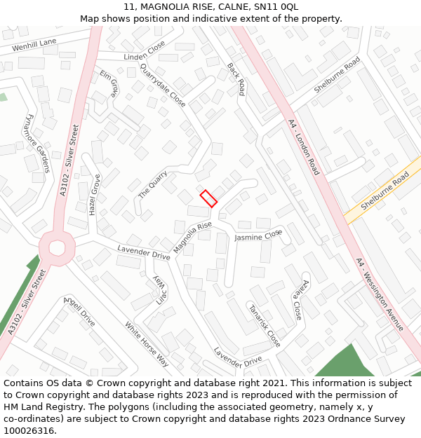 11, MAGNOLIA RISE, CALNE, SN11 0QL: Location map and indicative extent of plot