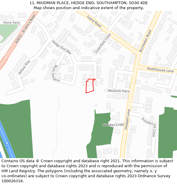 11, MAIDMAN PLACE, HEDGE END, SOUTHAMPTON, SO30 4DE: Location map and indicative extent of plot