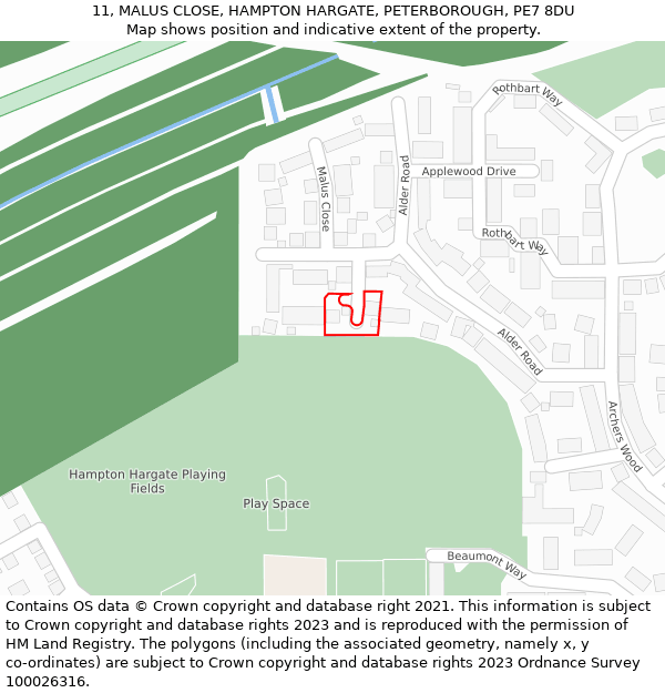 11, MALUS CLOSE, HAMPTON HARGATE, PETERBOROUGH, PE7 8DU: Location map and indicative extent of plot