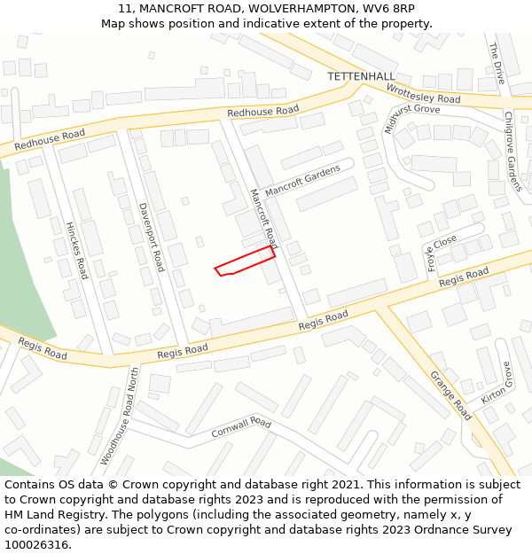 11, MANCROFT ROAD, WOLVERHAMPTON, WV6 8RP: Location map and indicative extent of plot