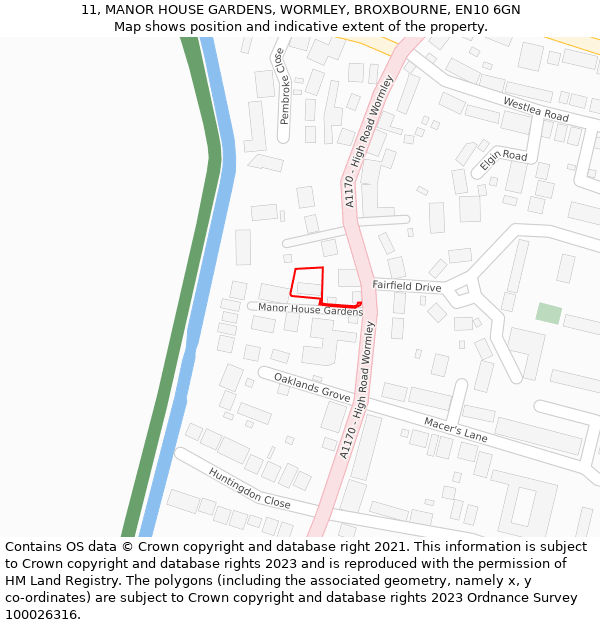 11, MANOR HOUSE GARDENS, WORMLEY, BROXBOURNE, EN10 6GN: Location map and indicative extent of plot