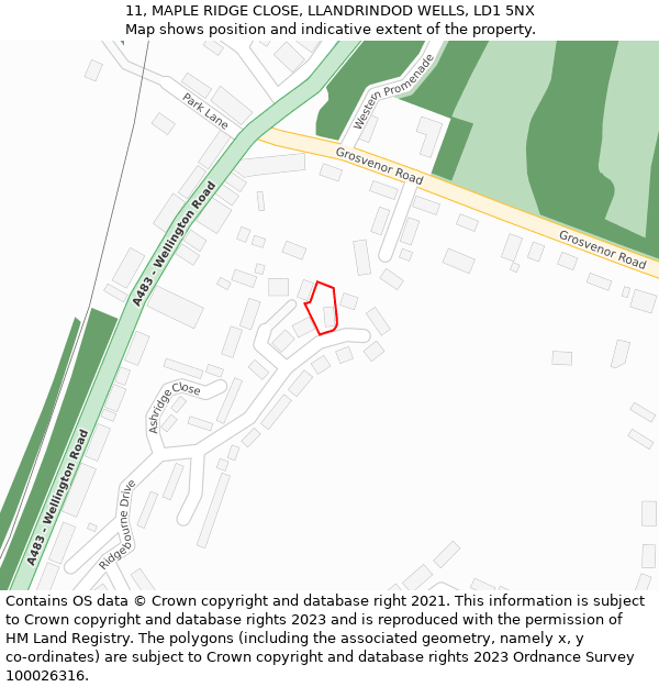 11, MAPLE RIDGE CLOSE, LLANDRINDOD WELLS, LD1 5NX: Location map and indicative extent of plot