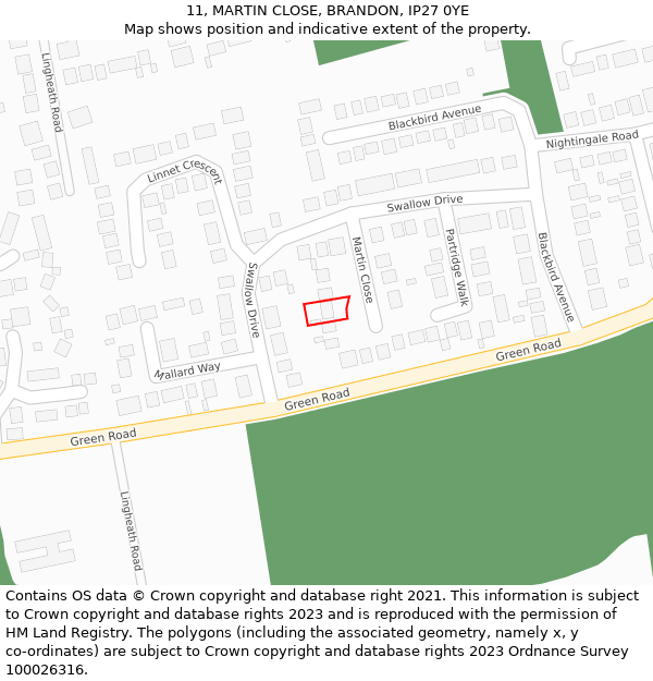 11, MARTIN CLOSE, BRANDON, IP27 0YE: Location map and indicative extent of plot