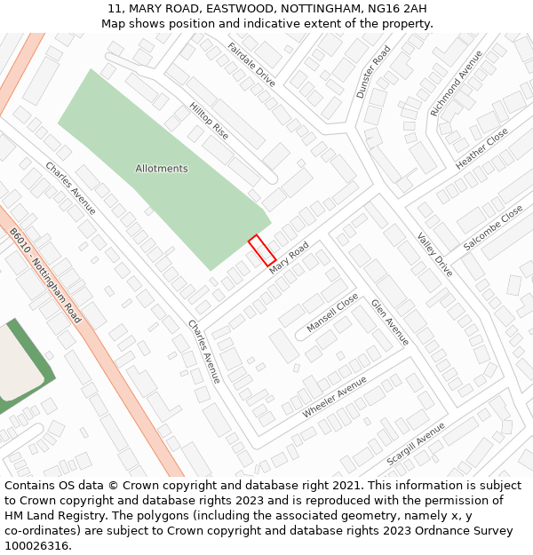 11, MARY ROAD, EASTWOOD, NOTTINGHAM, NG16 2AH: Location map and indicative extent of plot