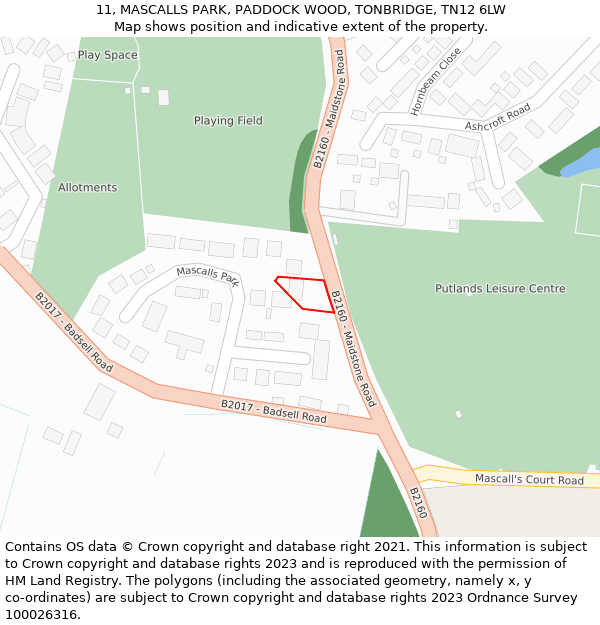 11, MASCALLS PARK, PADDOCK WOOD, TONBRIDGE, TN12 6LW: Location map and indicative extent of plot