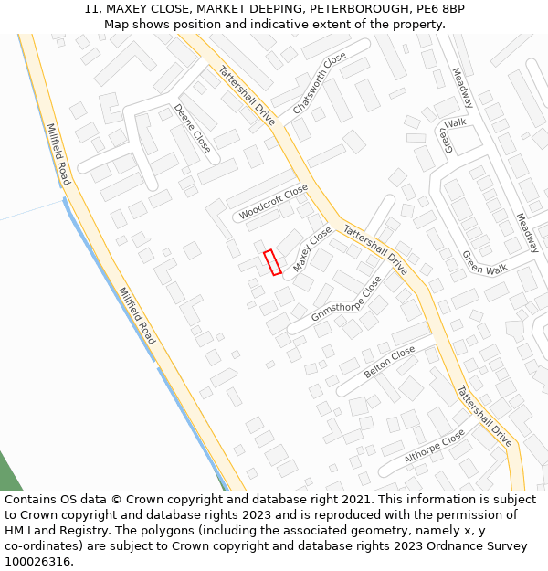 11, MAXEY CLOSE, MARKET DEEPING, PETERBOROUGH, PE6 8BP: Location map and indicative extent of plot