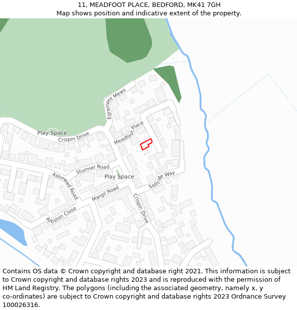 11, MEADFOOT PLACE, BEDFORD, MK41 7GH: Location map and indicative extent of plot