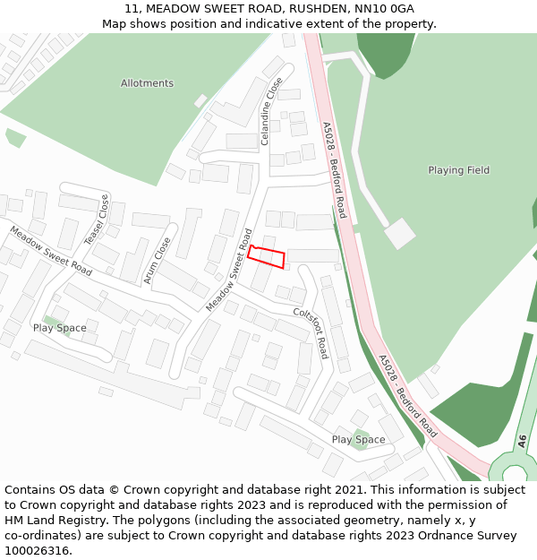 11, MEADOW SWEET ROAD, RUSHDEN, NN10 0GA: Location map and indicative extent of plot