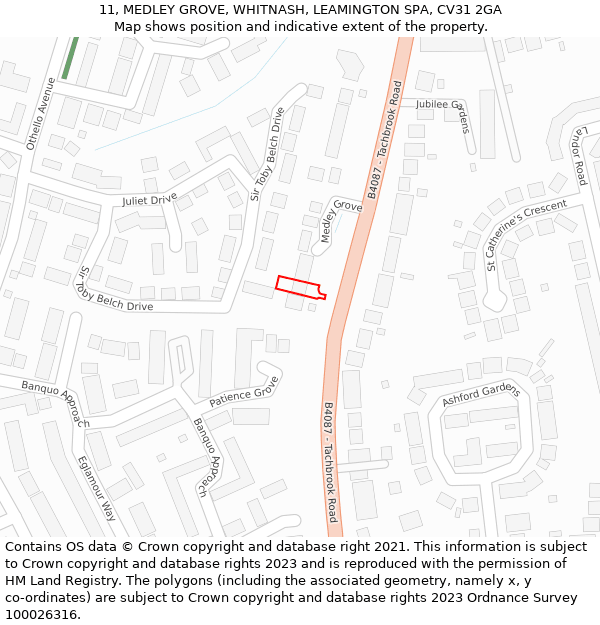 11, MEDLEY GROVE, WHITNASH, LEAMINGTON SPA, CV31 2GA: Location map and indicative extent of plot