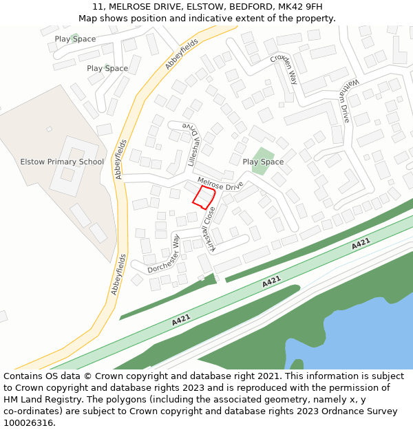 11, MELROSE DRIVE, ELSTOW, BEDFORD, MK42 9FH: Location map and indicative extent of plot