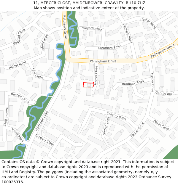 11, MERCER CLOSE, MAIDENBOWER, CRAWLEY, RH10 7HZ: Location map and indicative extent of plot