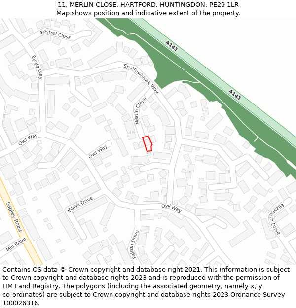 11, MERLIN CLOSE, HARTFORD, HUNTINGDON, PE29 1LR: Location map and indicative extent of plot