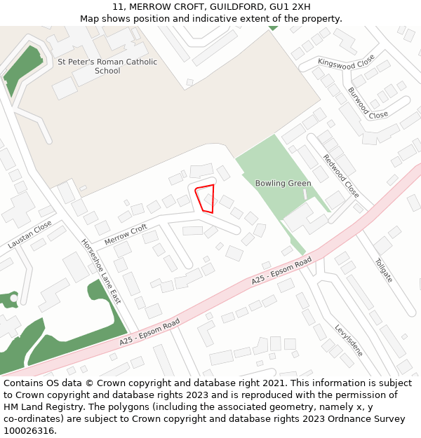 11, MERROW CROFT, GUILDFORD, GU1 2XH: Location map and indicative extent of plot