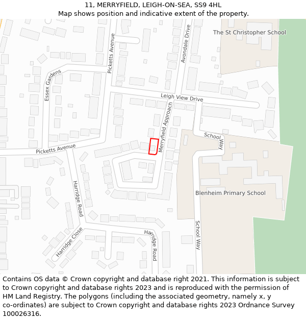 11, MERRYFIELD, LEIGH-ON-SEA, SS9 4HL: Location map and indicative extent of plot