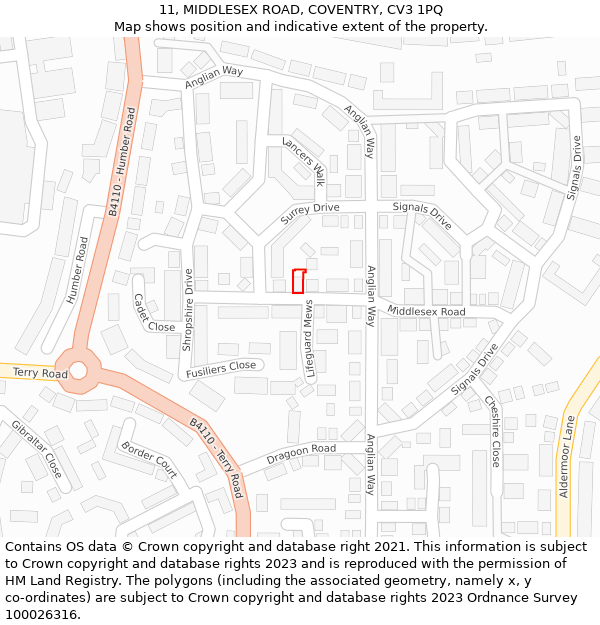 11, MIDDLESEX ROAD, COVENTRY, CV3 1PQ: Location map and indicative extent of plot