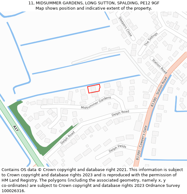 11, MIDSUMMER GARDENS, LONG SUTTON, SPALDING, PE12 9GF: Location map and indicative extent of plot