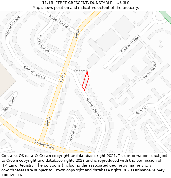 11, MILETREE CRESCENT, DUNSTABLE, LU6 3LS: Location map and indicative extent of plot