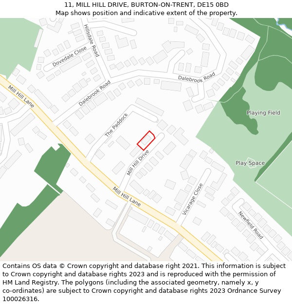11, MILL HILL DRIVE, BURTON-ON-TRENT, DE15 0BD: Location map and indicative extent of plot