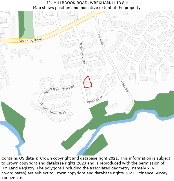 11, MILLBROOK ROAD, WREXHAM, LL13 8JH: Location map and indicative extent of plot