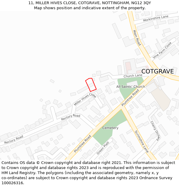 11, MILLER HIVES CLOSE, COTGRAVE, NOTTINGHAM, NG12 3QY: Location map and indicative extent of plot