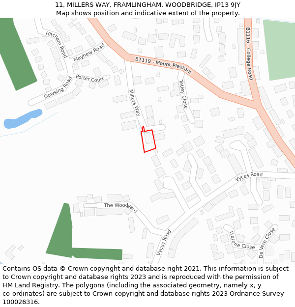 11, MILLERS WAY, FRAMLINGHAM, WOODBRIDGE, IP13 9JY: Location map and indicative extent of plot