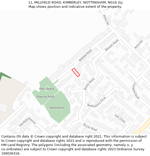 11, MILLFIELD ROAD, KIMBERLEY, NOTTINGHAM, NG16 2LJ: Location map and indicative extent of plot