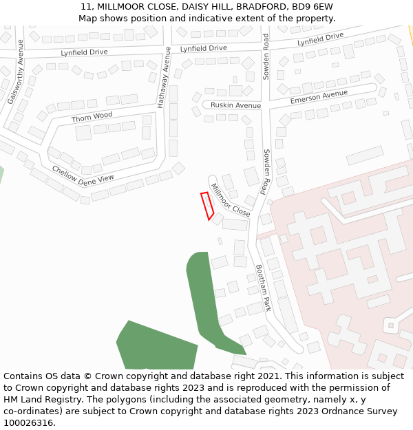 11, MILLMOOR CLOSE, DAISY HILL, BRADFORD, BD9 6EW: Location map and indicative extent of plot