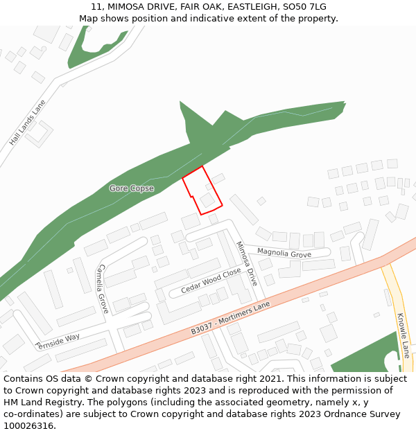 11, MIMOSA DRIVE, FAIR OAK, EASTLEIGH, SO50 7LG: Location map and indicative extent of plot