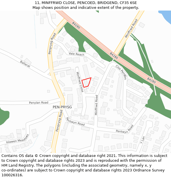 11, MINFFRWD CLOSE, PENCOED, BRIDGEND, CF35 6SE: Location map and indicative extent of plot