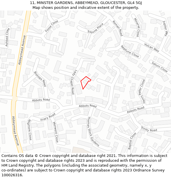 11, MINSTER GARDENS, ABBEYMEAD, GLOUCESTER, GL4 5GJ: Location map and indicative extent of plot