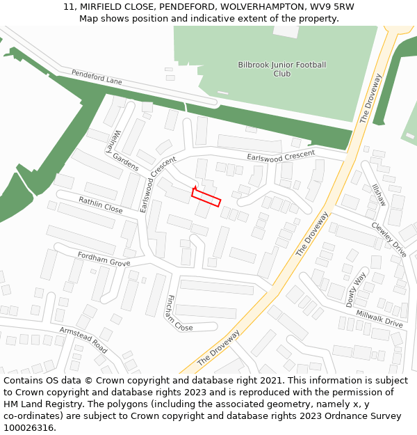 11, MIRFIELD CLOSE, PENDEFORD, WOLVERHAMPTON, WV9 5RW: Location map and indicative extent of plot