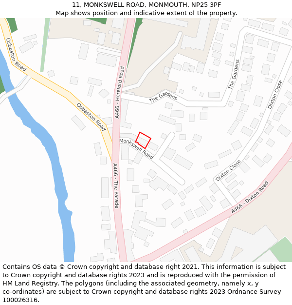 11, MONKSWELL ROAD, MONMOUTH, NP25 3PF: Location map and indicative extent of plot